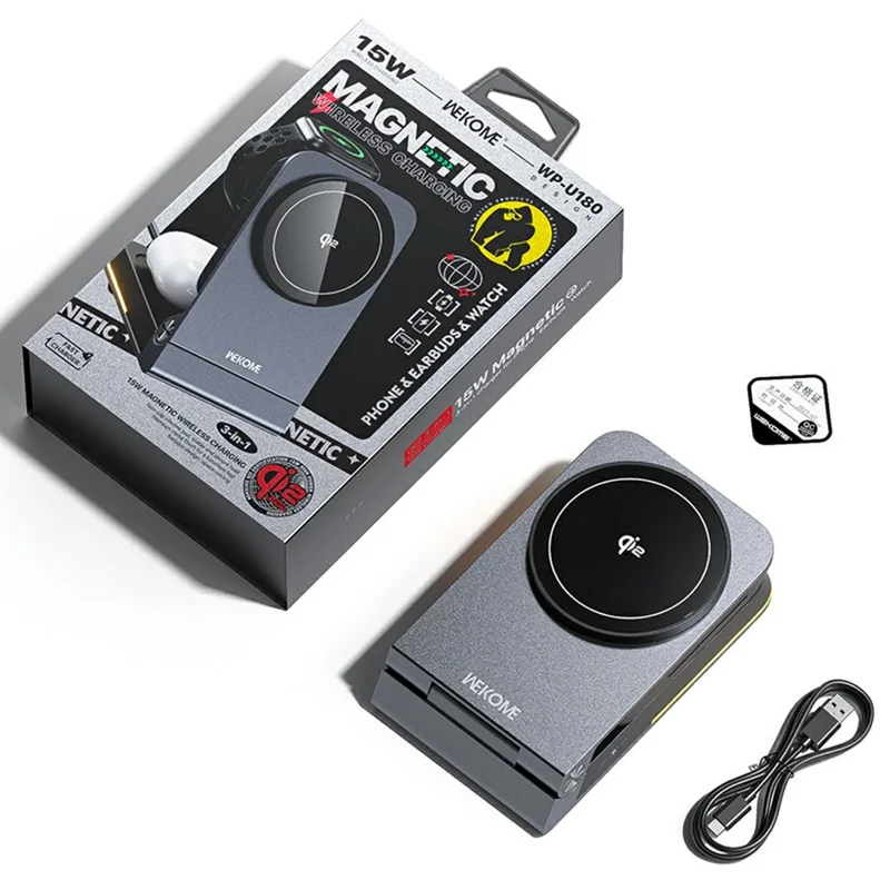 WEKOME WP-U180 Tonayn Qi2 3 in 1 Foldable Wireless Charger 15W Fast Charging for Phone Smartwatch Earbuds - Silver