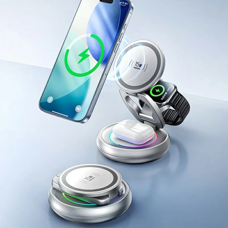 REMAX CW05 20.5W For Phone  /  Smartwatch  /  Earbuds 3 in 1 Wireless Charger Foldable Magnetic Rotating Metal Design