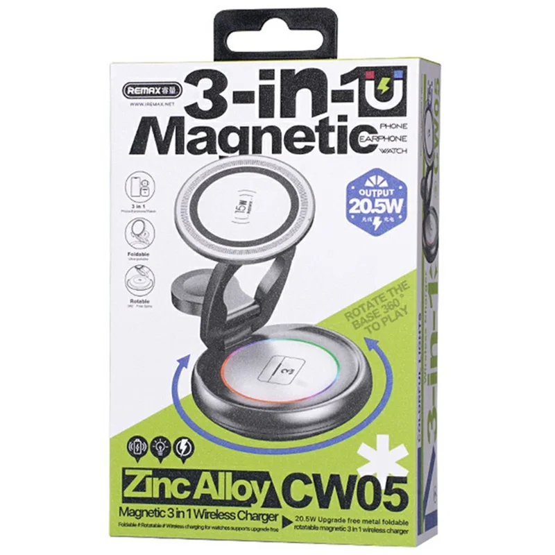 REMAX CW05 20.5W For Phone  /  Smartwatch  /  Earbuds 3 in 1 Wireless Charger Foldable Magnetic Rotating Metal Design