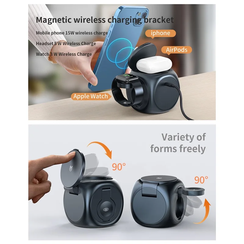 Y22 3 in 1 Wireless Charging Station for AirPods / Watch / iPhone Magnetic Fast Charger Cube Design - Black