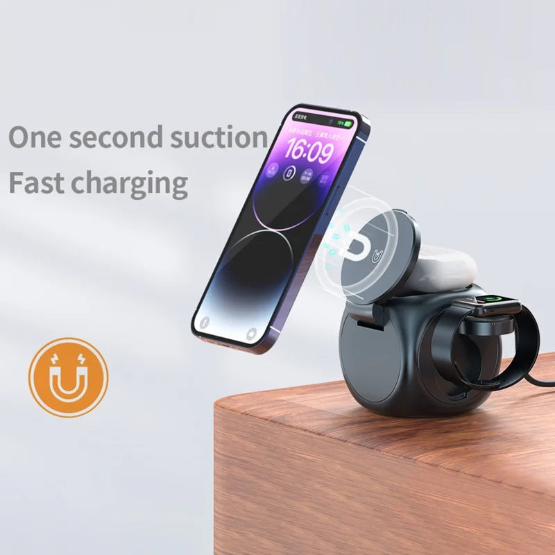 Y22 3 in 1 Wireless Charging Station for AirPods / Watch / iPhone Magnetic Fast Charger Cube Design - Black