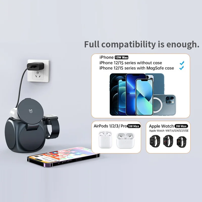 Y22 3 in 1 Wireless Charging Station for AirPods / Watch / iPhone Magnetic Fast Charger Cube Design - Black