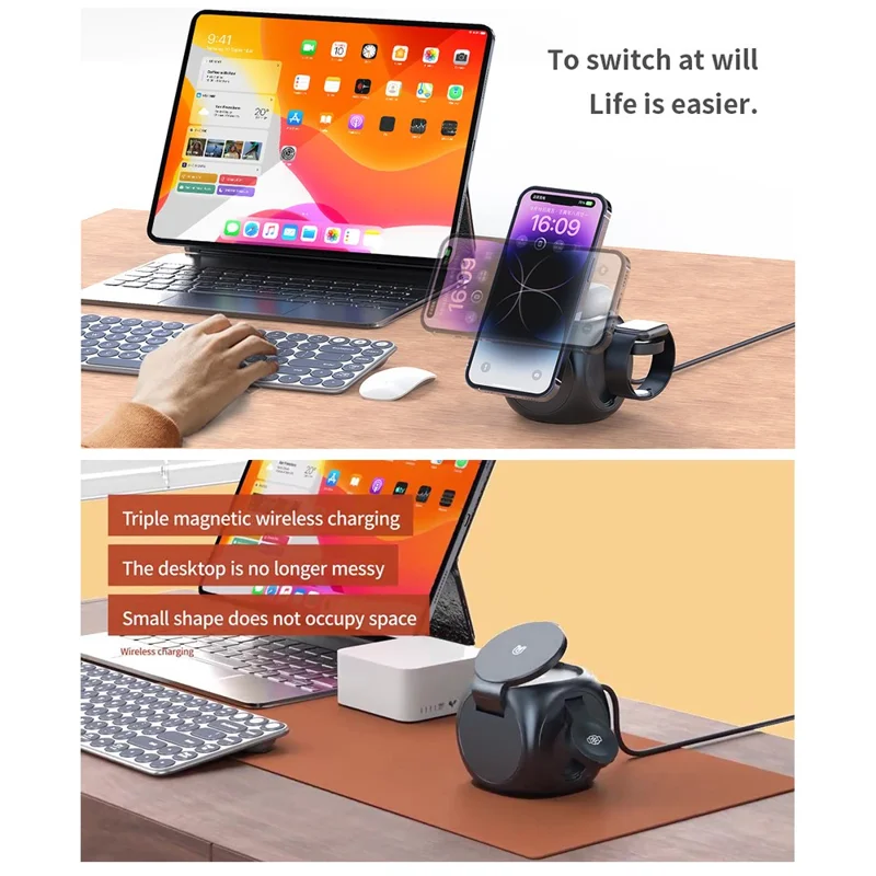 Y22 3 in 1 Wireless Charging Station for AirPods / Watch / iPhone Magnetic Fast Charger Cube Design - Black