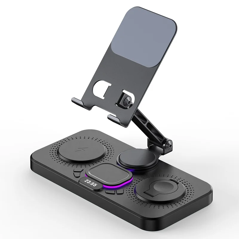 3 in 1 Wireless Charging Station Magnetic Stand with Clock / Ambient Light for iPhone / Watch / AirPods Multi-Function Tablet Holder - Black