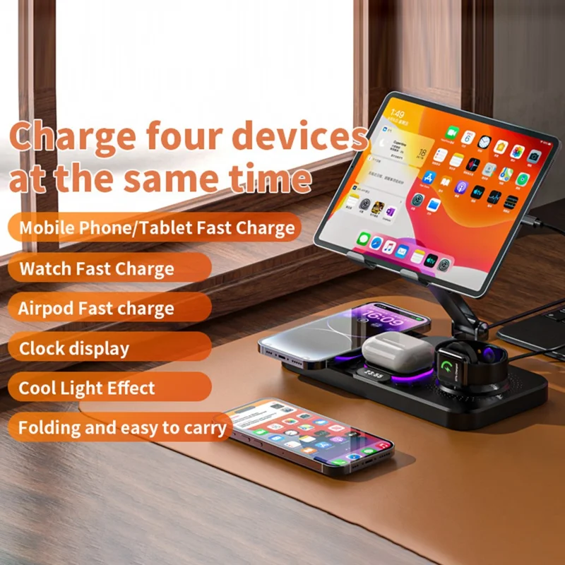 3 in 1 Wireless Charging Station Magnetic Stand with Clock / Ambient Light for iPhone / Watch / AirPods Multi-Function Tablet Holder - Black