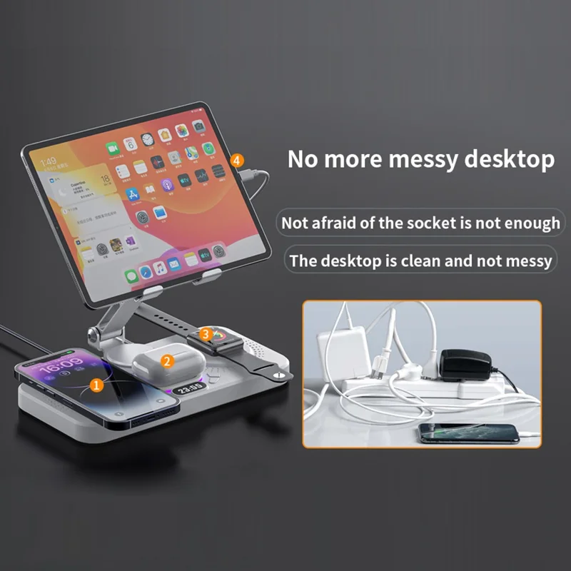 3 in 1 Wireless Charging Station Magnetic Stand with Clock / Ambient Light for iPhone / Watch / AirPods Multi-Function Tablet Holder - Black