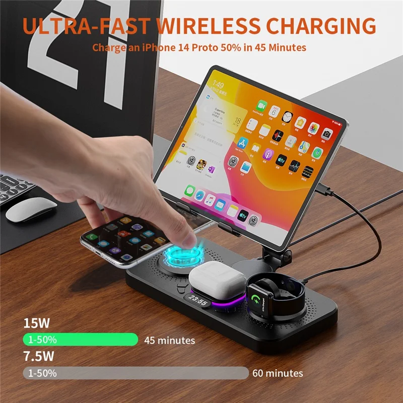 3 in 1 Wireless Charging Station Magnetic Stand with Clock / Ambient Light for iPhone / Watch / AirPods Multi-Function Tablet Holder - Black