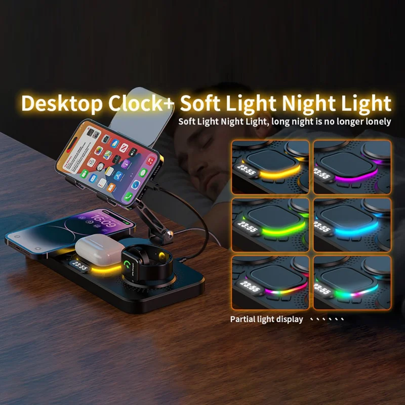 3 in 1 Wireless Charging Station Magnetic Stand with Clock / Ambient Light for iPhone / Watch / AirPods Multi-Function Tablet Holder - Black