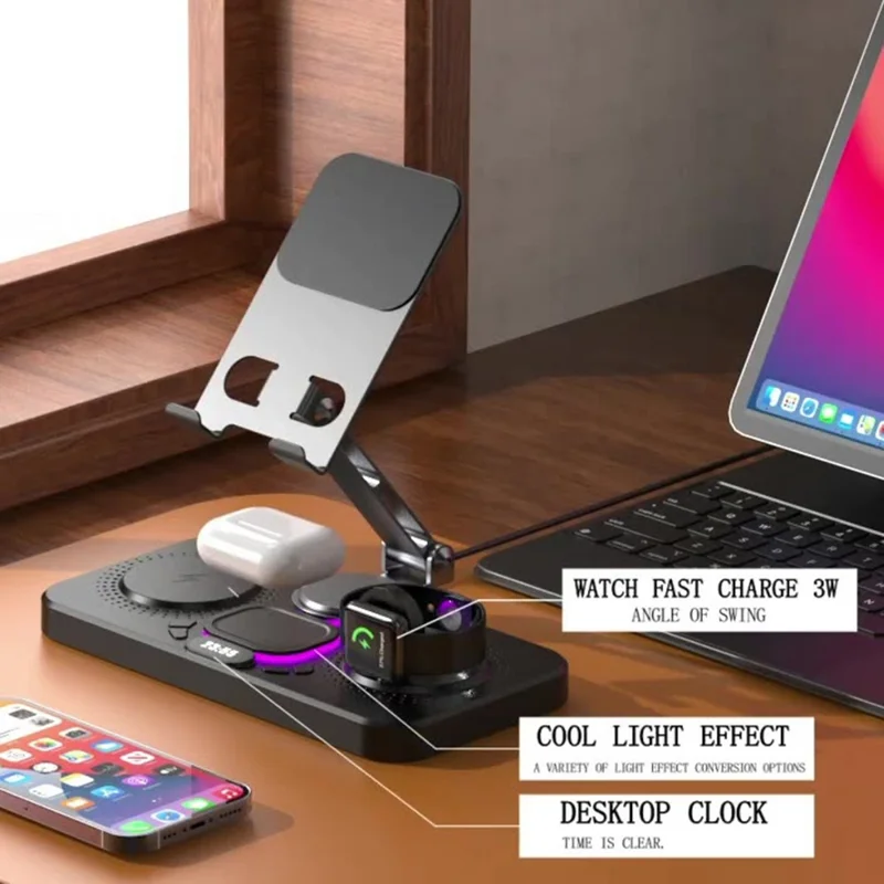 3 in 1 Wireless Charging Station Magnetic Stand with Clock / Ambient Light for iPhone / Watch / AirPods Multi-Function Tablet Holder - Black