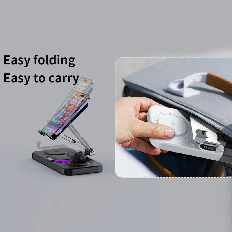 3 in 1 Wireless Charging Station Magnetic Stand with Clock / Ambient Light for iPhone / Watch / AirPods Multi-Function Tablet Holder - Black