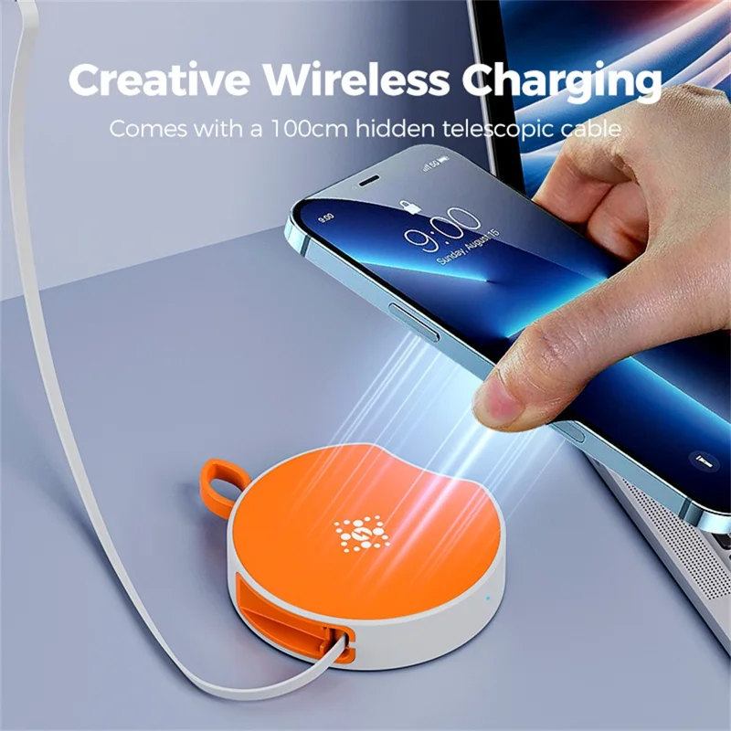 B-31 15W Wireless Charger Portable Fast Charging Dock Built In 100cm Retractable USB-C Cable - Orange