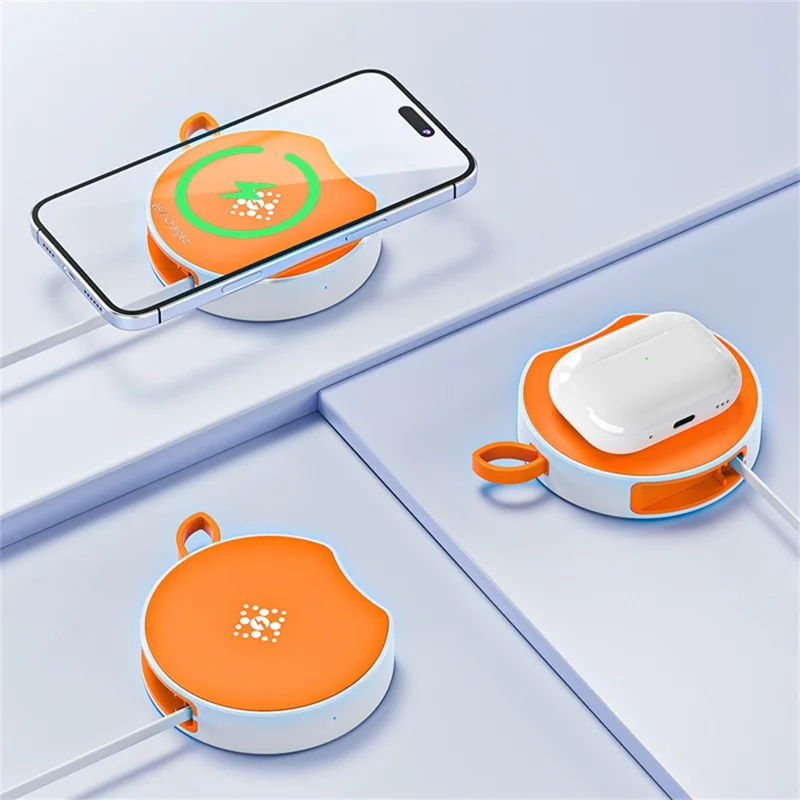 B-31 15W Wireless Charger Portable Fast Charging Dock Built In 100cm Retractable USB-C Cable - Orange