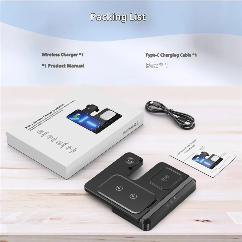 LJ-S80 Foldable Wireless Charger for Phone  /  Watch  /  Earbuds Magnetic Fast Charging Dock - Black