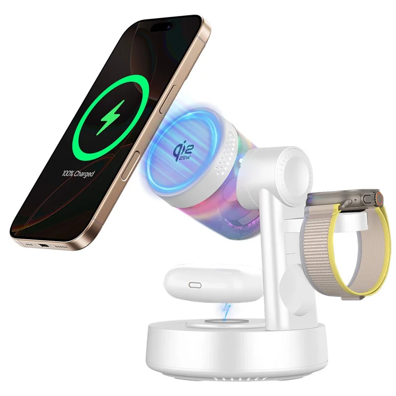 Qi2.2 25W Wireless Magnetic Charger Charging Station with Bluetooth-compatible Speaker and Night Light for Phones / Earbuds / Watches - White