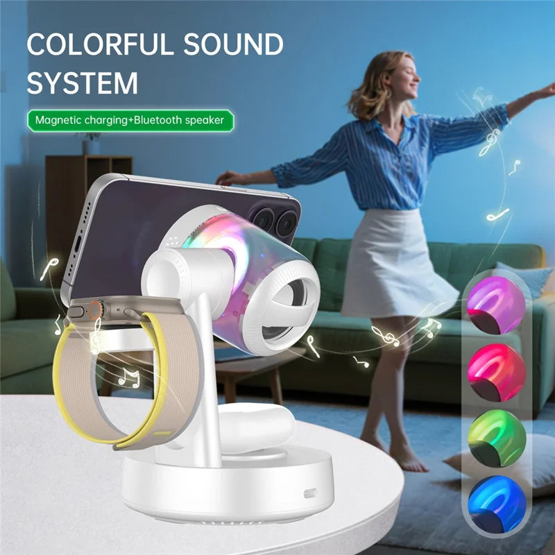 Qi2.2 25W Wireless Magnetic Charger Charging Station with Bluetooth-compatible Speaker and Night Light for Phones / Earbuds / Watches - White