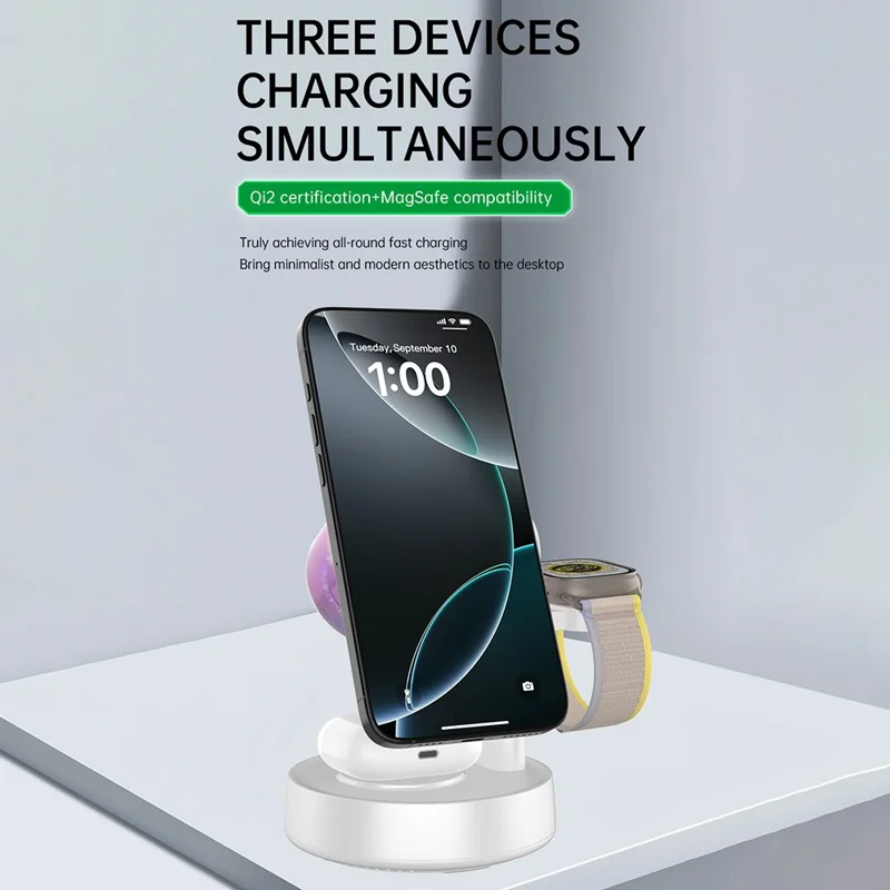 Qi2.2 25W Wireless Magnetic Charger Charging Station with Bluetooth-compatible Speaker and Night Light for Phones / Earbuds / Watches - White