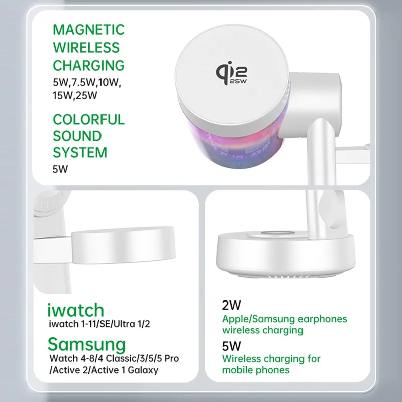 Qi2.2 25W Wireless Magnetic Charger Charging Station with Bluetooth-compatible Speaker and Night Light for Phones / Earbuds / Watches - White