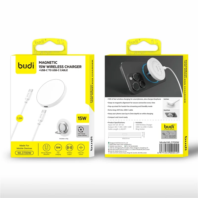 Chargeur sans fil BUDI WL3700W 15W Charge rapide Pad avec câble détachable de 1,2 m / Support de bague