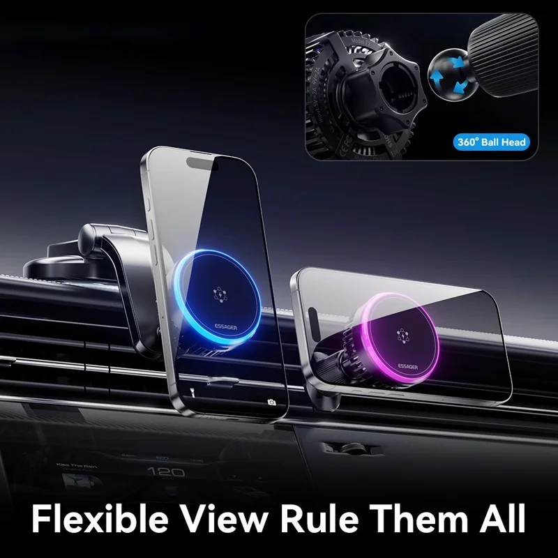 ESSAGER 15W Chargeur sans fil magnétique pour voiture Rotation 360° Banque d'alimentation de refroidissement TEC