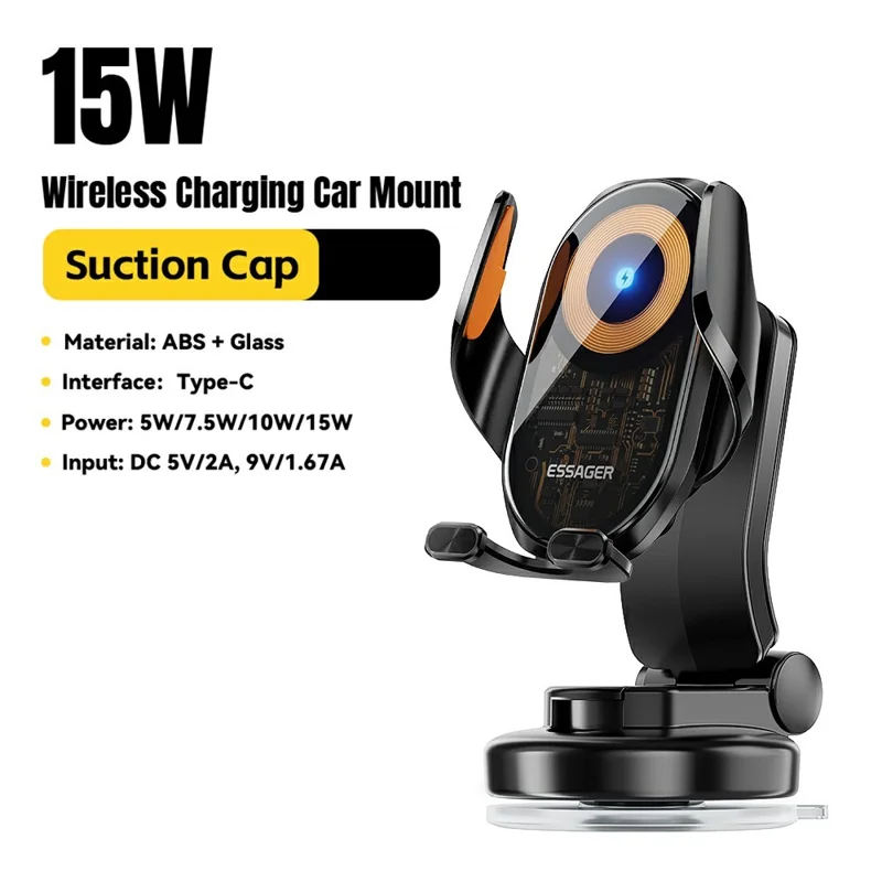 ESSAGER 15W Wireless Charger Car Mount Suction Cup Wireless Charger Stand 360° Rotation - Black