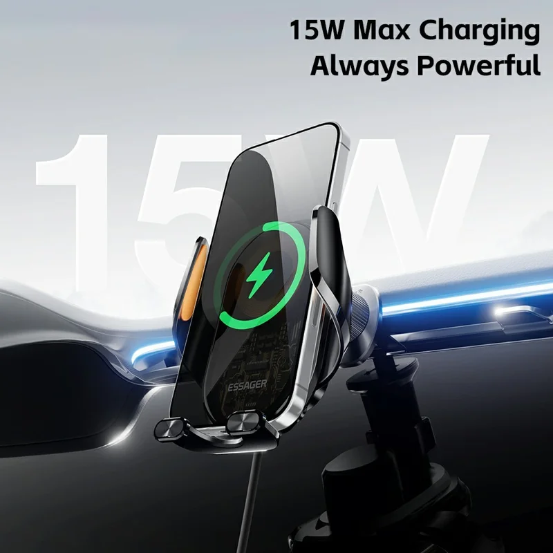 ESSAGER 15W Wireless Charger Car Mount Suction Cup Wireless Charger Stand 360° Rotation - Black