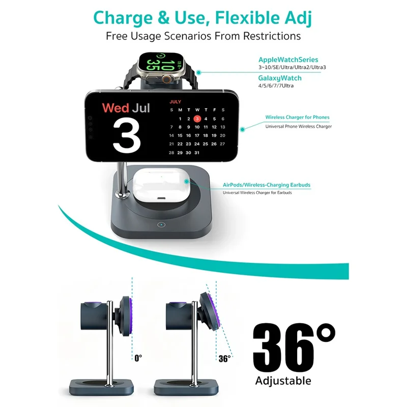 COTECI 3 in 1 Qi2 Magnetic Wireless Charging Stand for Phone / Earphones / Smart Watch Fast Charging Dock