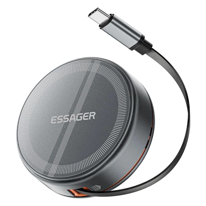 ESSAGER 3 in 1 Cavo retrattile Caricatore wireless Supporto di ricarica 15W Carica veloce Nucleo magnetico per iPhone / Watch / AirPods - Grigio