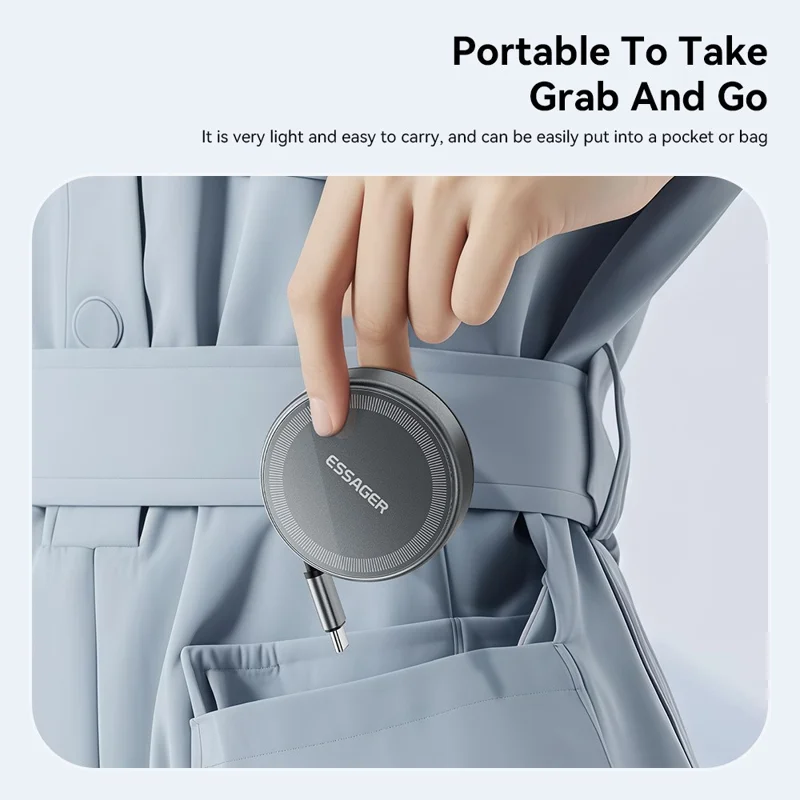 ESSAGER 3 in 1 Cavo retrattile Caricatore wireless Supporto di ricarica 15W Carica veloce Nucleo magnetico per iPhone / Watch / AirPods - Grigio