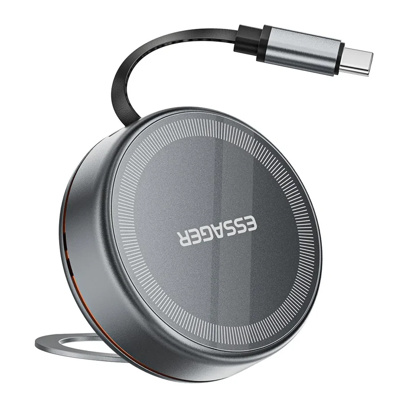 ESSAGER 3 in 1 Cavo retrattile Caricatore wireless Supporto di ricarica 15W Carica veloce Nucleo magnetico per iPhone / Watch / AirPods - Grigio