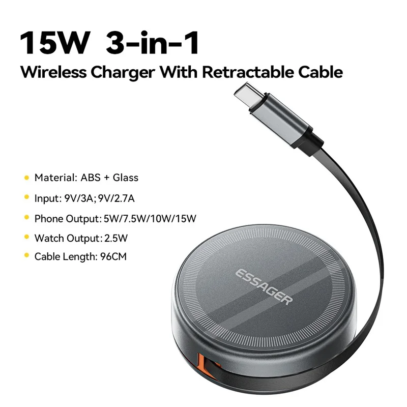 ESSAGER 3 in 1 Cavo retrattile Caricatore wireless Supporto di ricarica 15W Carica veloce Nucleo magnetico per iPhone / Watch / AirPods - Grigio