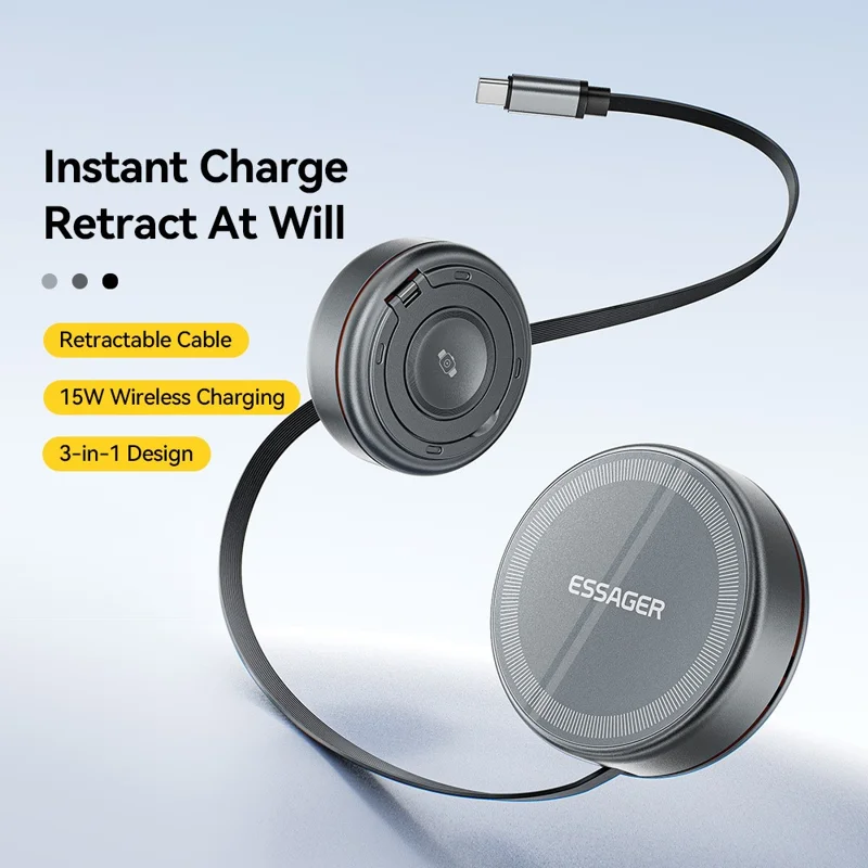 ESSAGER 3 in 1 Cavo retrattile Caricatore wireless Supporto di ricarica 15W Carica veloce Nucleo magnetico per iPhone / Watch / AirPods - Grigio