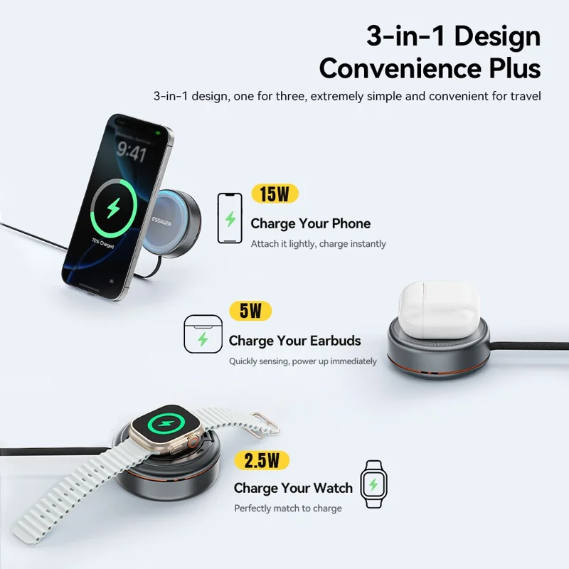 ESSAGER 3 in 1 Cavo retrattile Caricatore wireless Supporto di ricarica 15W Carica veloce Nucleo magnetico per iPhone / Watch / AirPods - Grigio