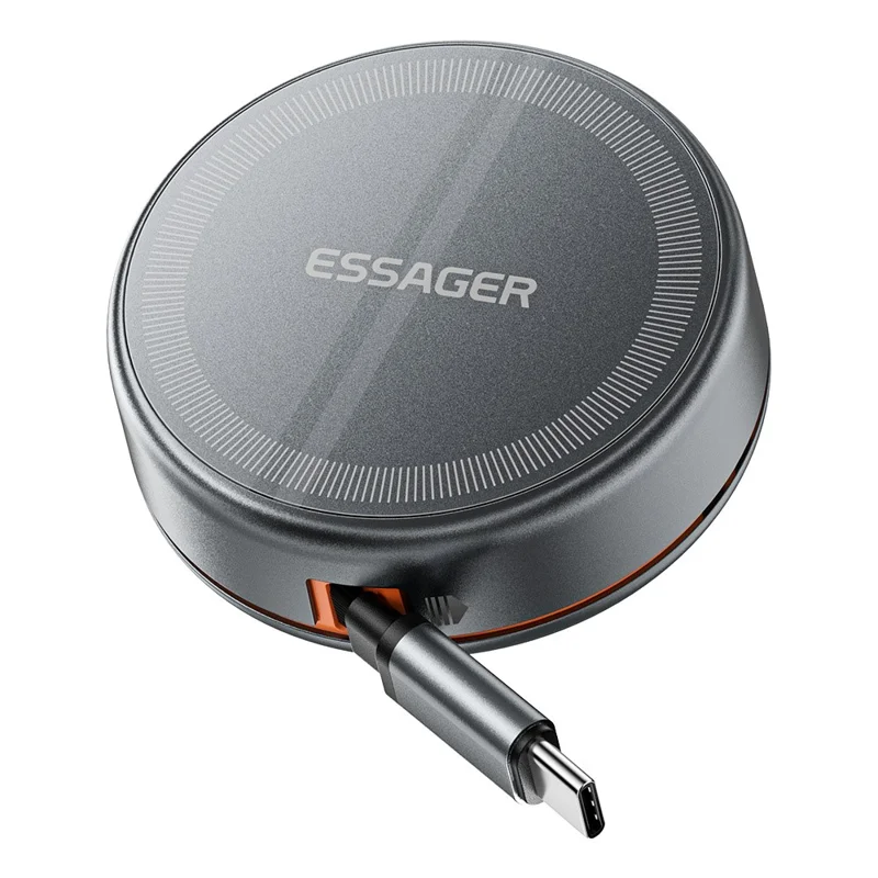 ESSAGER 3 in 1 Cavo retrattile Caricatore wireless Supporto di ricarica 15W Carica veloce Nucleo magnetico per iPhone / Watch / AirPods - Grigio