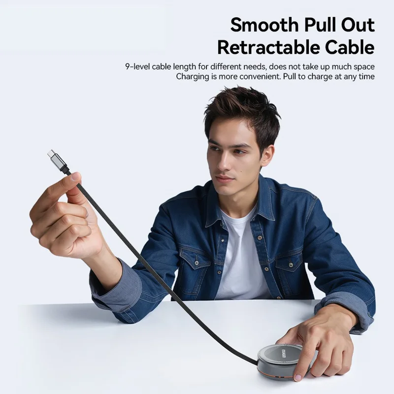 ESSAGER 3 in 1 Cavo retrattile Caricatore wireless Supporto di ricarica 15W Carica veloce Nucleo magnetico per iPhone / Watch / AirPods - Grigio