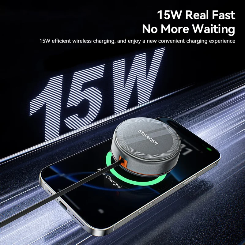 ESSAGER 3 in 1 Cavo retrattile Caricatore wireless Supporto di ricarica 15W Carica veloce Nucleo magnetico per iPhone / Watch / AirPods - Grigio