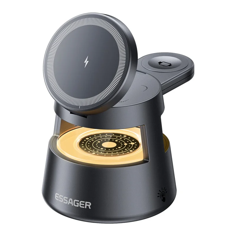 ESSAGER 4 in 1 15W Magnetic Desktop Wireless Charger for Phone Fast Charge Charging Stand with Magnetic Sheet - Grey