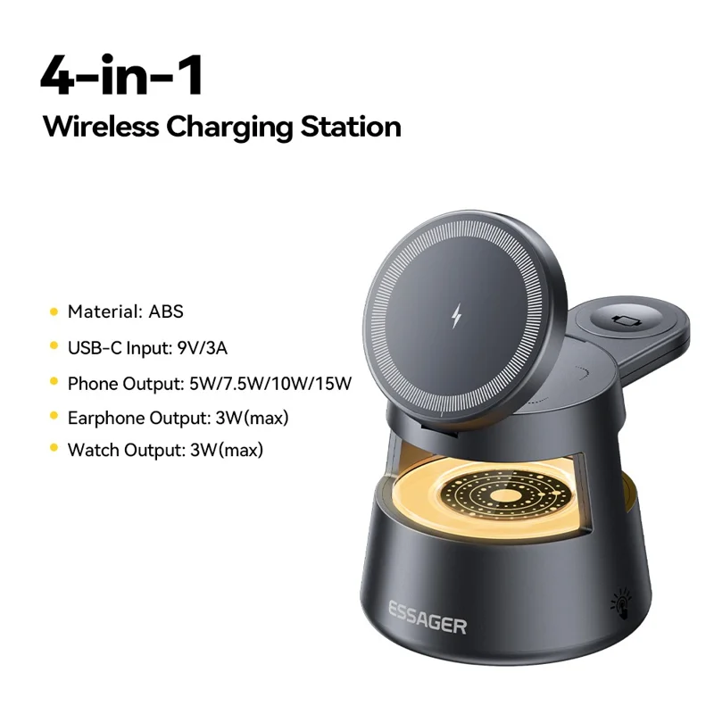 ESSAGER 4 in 1 15W Magnetic Desktop Wireless Charger for Phone Fast Charge Charging Stand with Magnetic Sheet - Grey