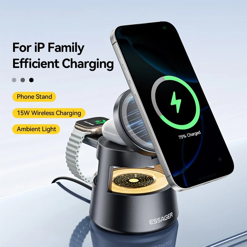 ESSAGER 4 in 1 15W Magnetic Desktop Wireless Charger for Phone Fast Charge Charging Stand with Magnetic Sheet - Grey
