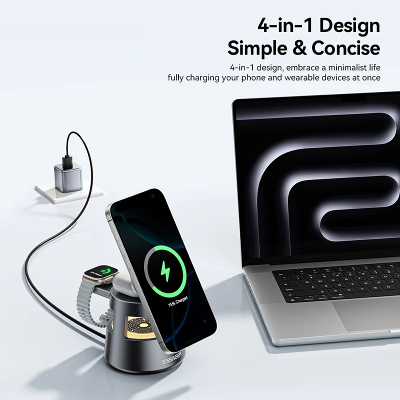ESSAGER 4 in 1 15W Magnetic Desktop Wireless Charger for Phone Fast Charge Charging Stand with Magnetic Sheet - Grey