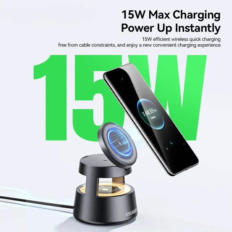 ESSAGER 4 in 1 15W Magnetic Desktop Wireless Charger for Phone Fast Charge Charging Stand with Magnetic Sheet - Grey