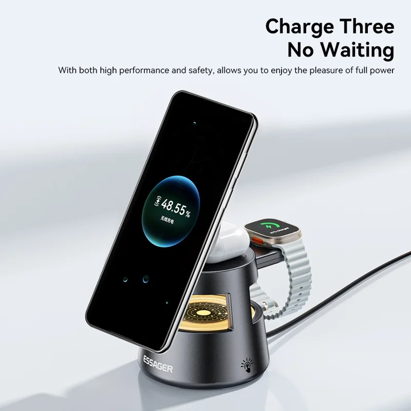 ESSAGER 4 in 1 15W Magnetic Desktop Wireless Charger for Phone Fast Charge Charging Stand with Magnetic Sheet - Grey