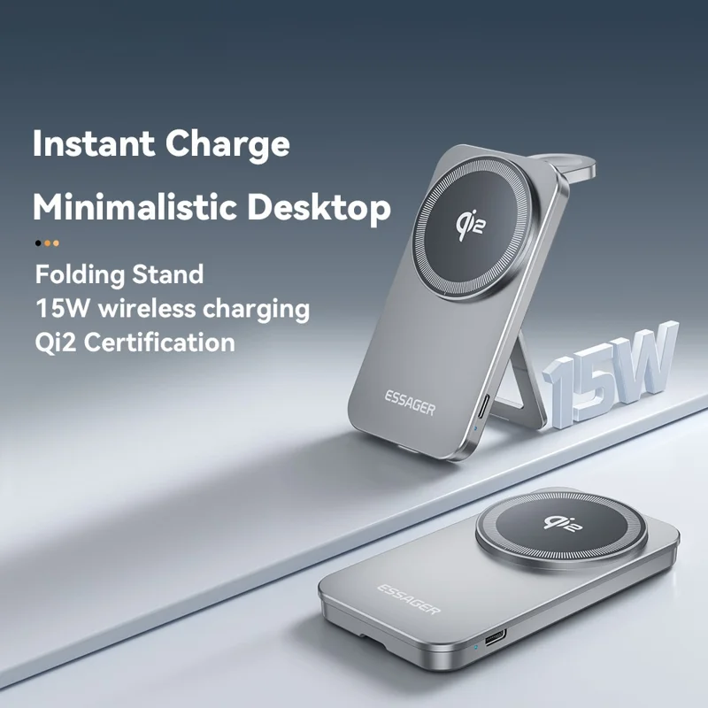 ESSAGER 2 in 1 Qi2 Desktop Magnetic Wireless Charger with Foldable Stand 15W Fast Charging Station