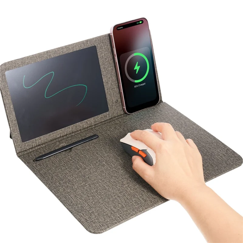 H18-2 15W Fast Charging Wireless Charger Multifunctional Mouse Pad with Stand and Writing Pad - Grey