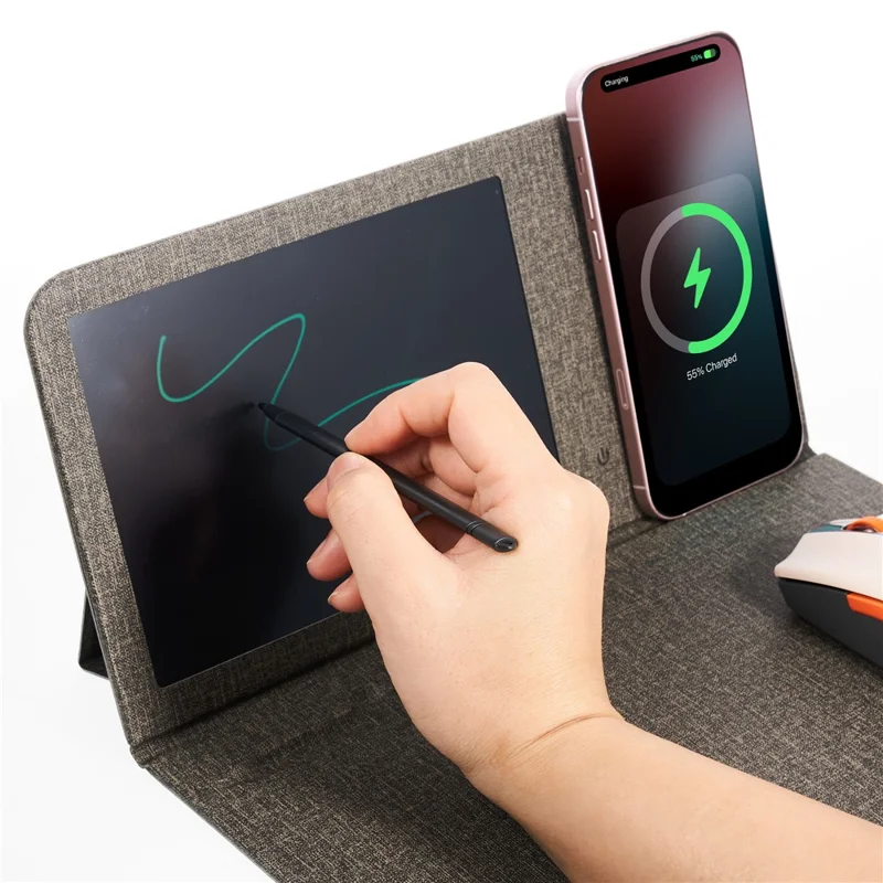 H18-2 15W Fast Charging Wireless Charger Multifunctional Mouse Pad with Stand and Writing Pad - Grey