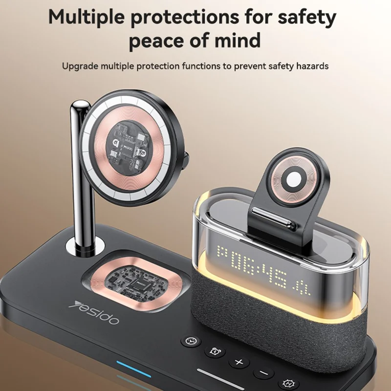 YESIDO DS37 6 in 1 Desktop Wireless Charger Stand Multi-Function Charging Station with Clock / Light