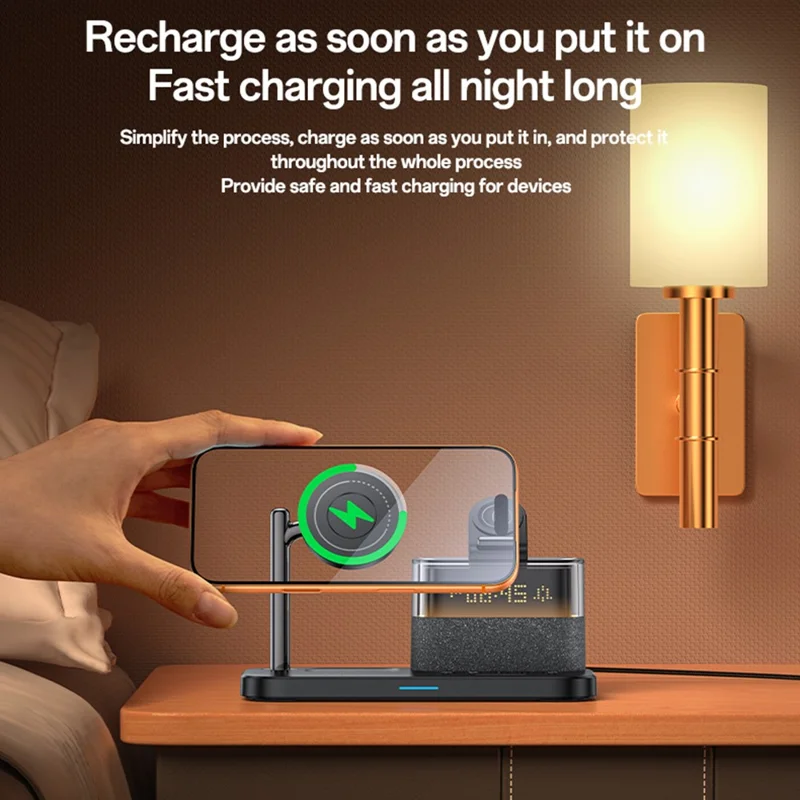 YESIDO DS37 6 in 1 Desktop Wireless Charger Stand Multi-Function Charging Station with Clock / Light