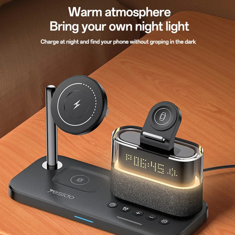 YESIDO DS37 6 in 1 Desktop Wireless Charger Stand Multi-Function Charging Station with Clock / Light