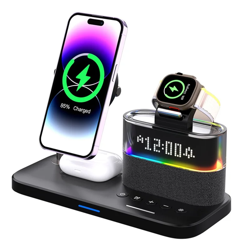 C09 QI2 5 in 1 Magnetic Wireless Charger Multifunctional Charging Station with Clock + Night Light - Black