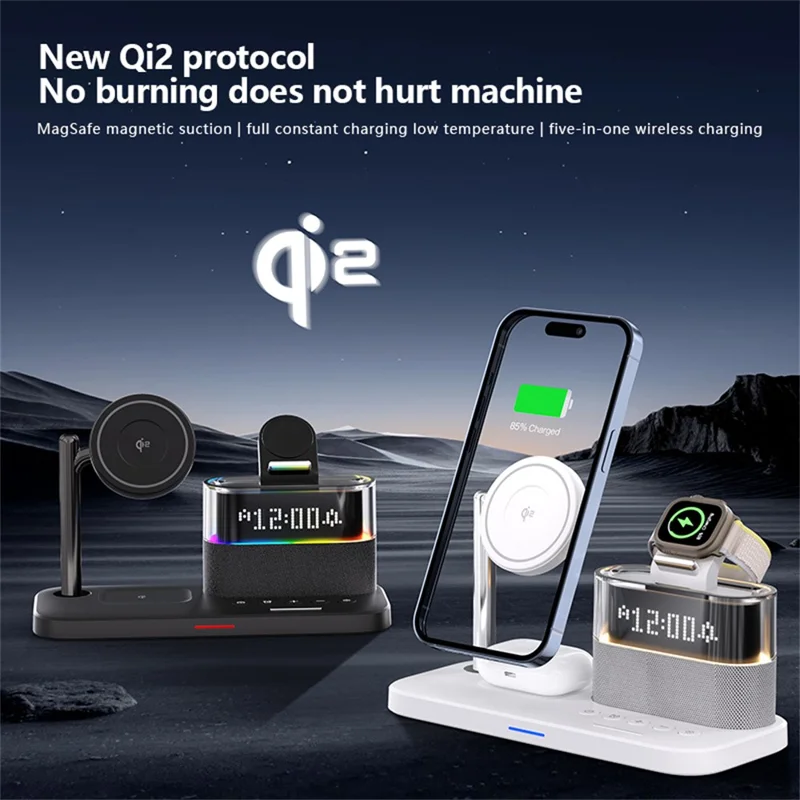 C09 QI2 5 in 1 Magnetic Wireless Charger Multifunctional Charging Station with Clock + Night Light - Black
