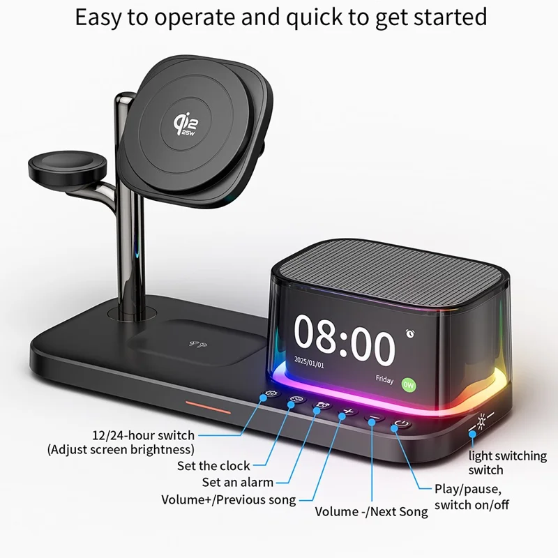 Chargeur sans fil magnétique Qi2.2 25W 5 en 1 + Enceinte Bluetooth + Réveil + Veilleuse + Affichage de l'heure - Noir